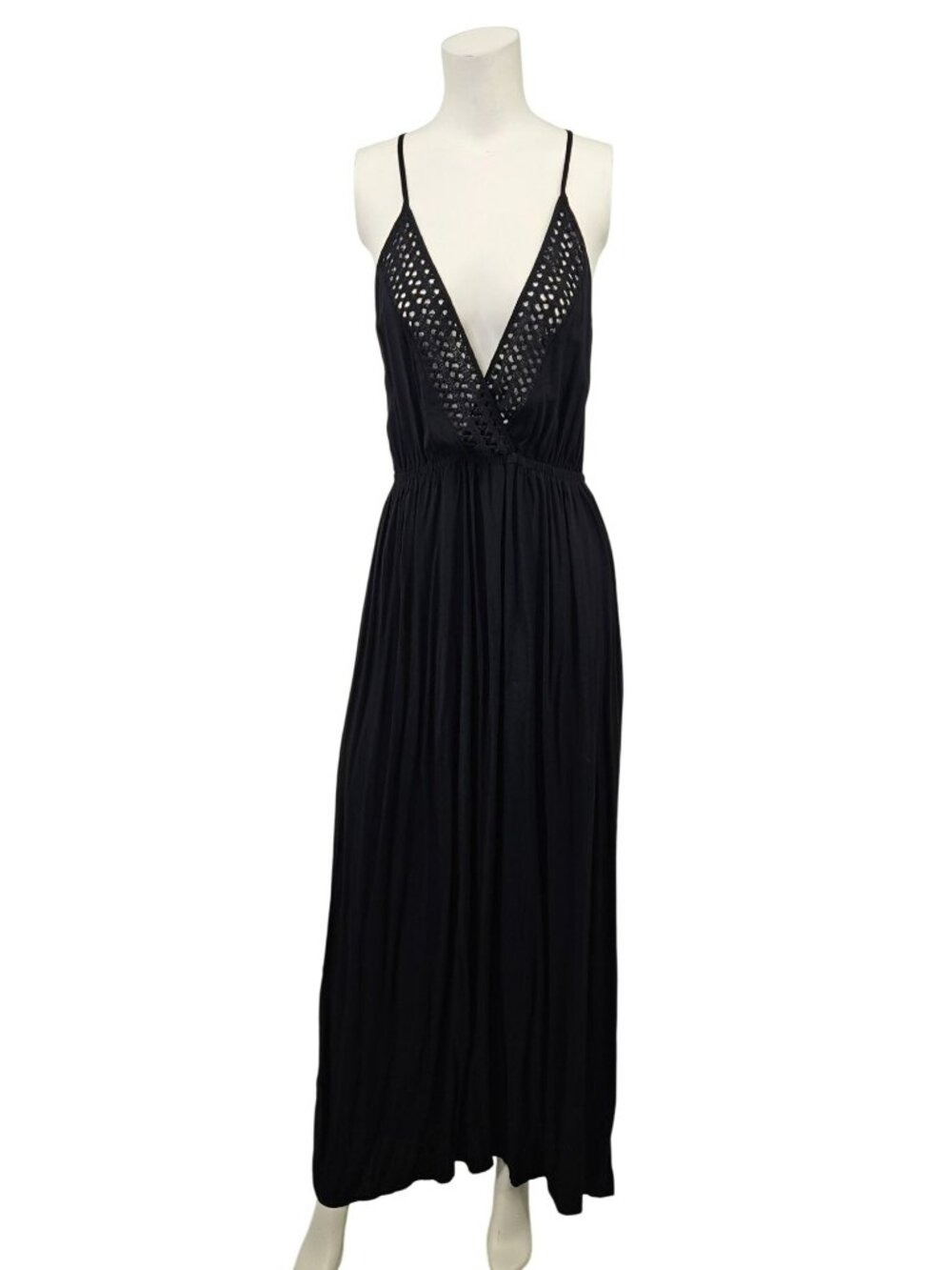 Victorias Secret Black Maxi Dress Crochet Front Strappy Back S/P Beachy Vacation